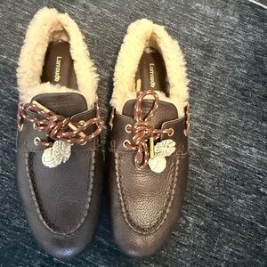LarroudeChocolate Brown Moccasins with Plush Cream Lining